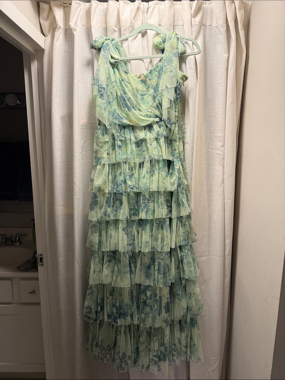 ASOS Lace and Bead Brand Tiered Floral Ruffle Maxi Dress in Light Green
